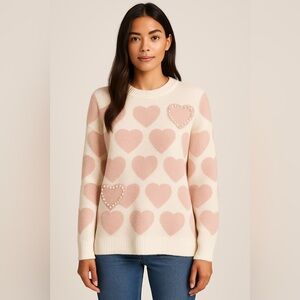 💖 Pink Heart Pearl Embellished Sweater – Size Large
